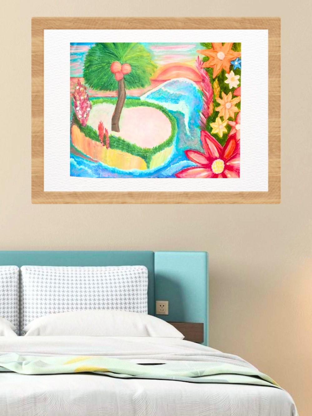 Tropical Sunset Painting in Pink & Green 22x28"